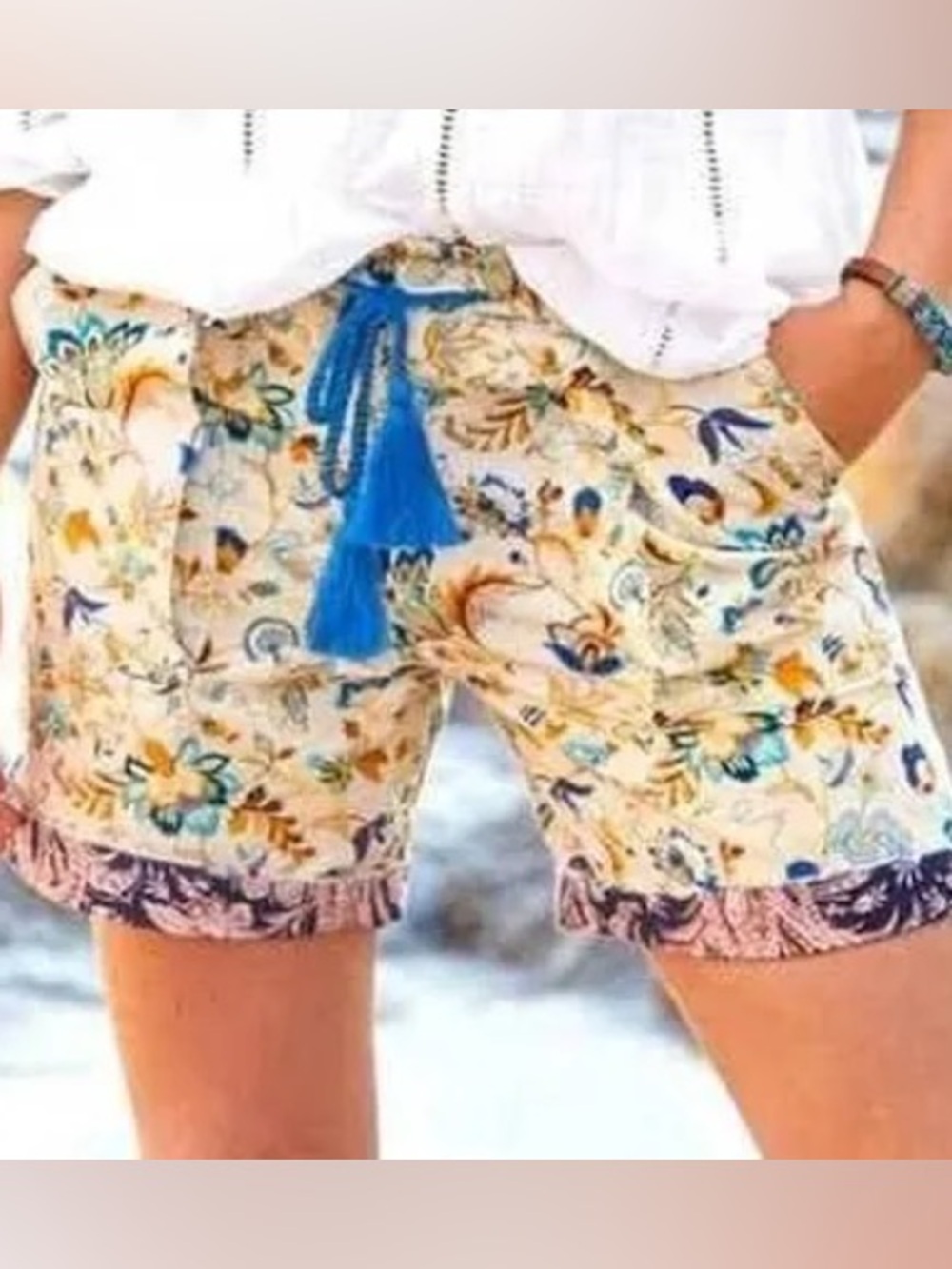 Sundance Shorts Linen Cotton Floral Paisley Tassel Boho Cottagecore Medium